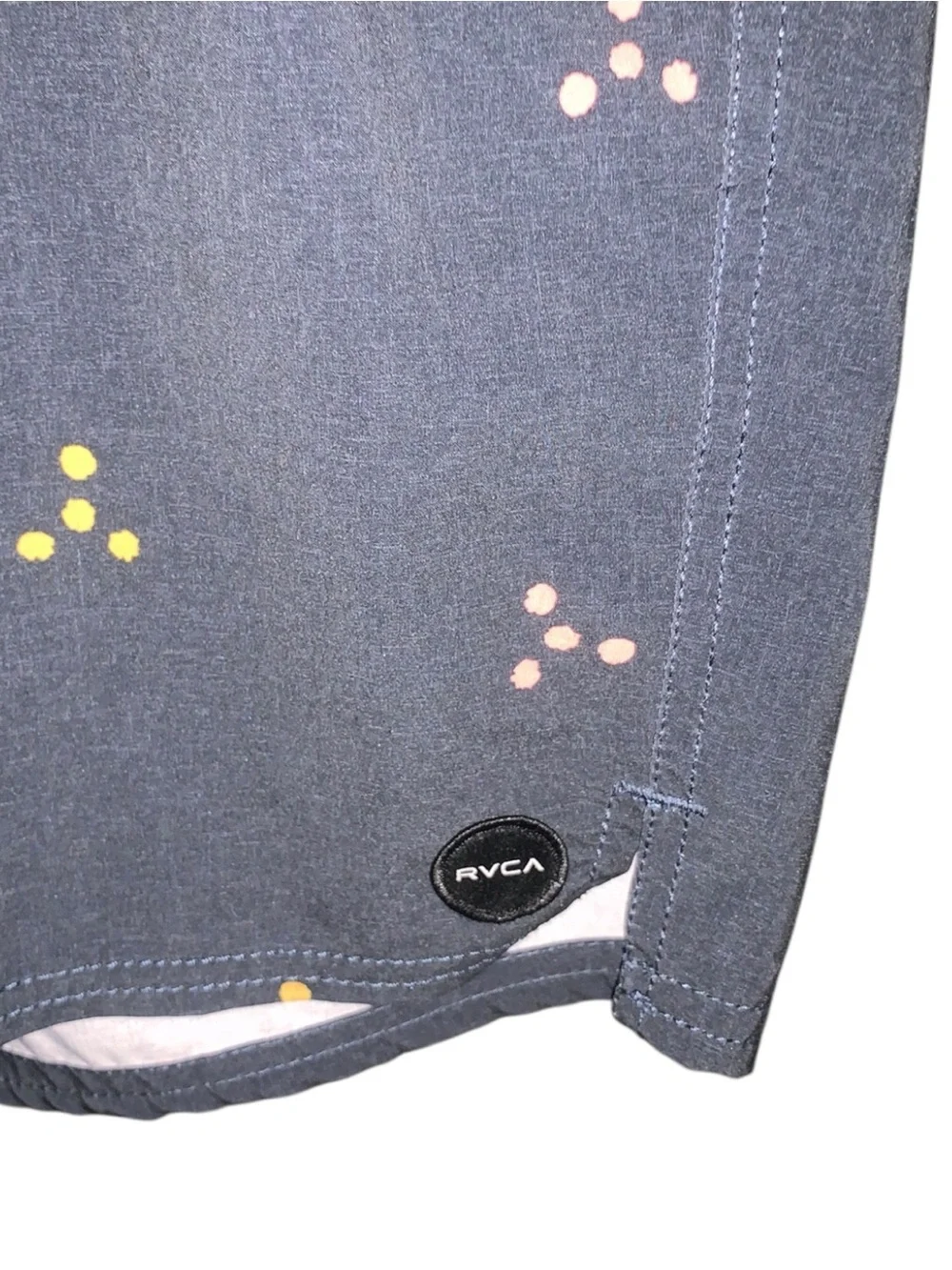 RVCA Men’s Large Navy Blue Swim Shorts with Pink & Yellow Dot Clusters